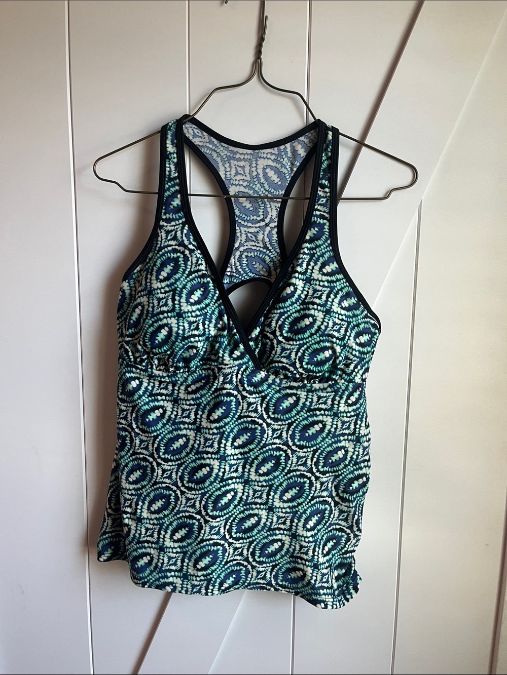 Patterned Tankini Top in Teal and Navy